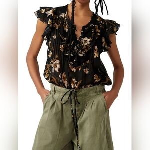 Free People Black Floral Flutter Sleeve Top, Size S